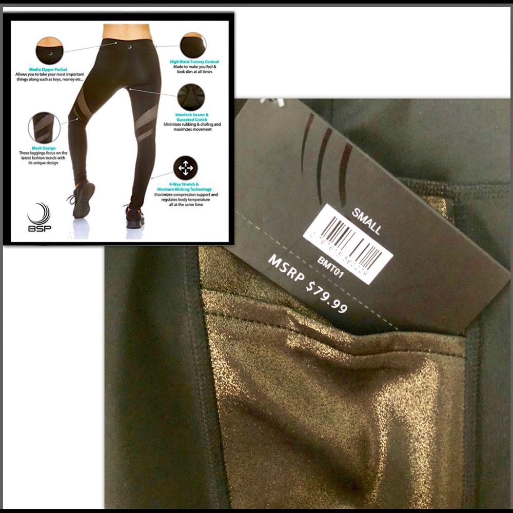 BSP•BETTER SPORTS GOLD METALLIC /BLACK LEGGINGS - Picture 7 of 8